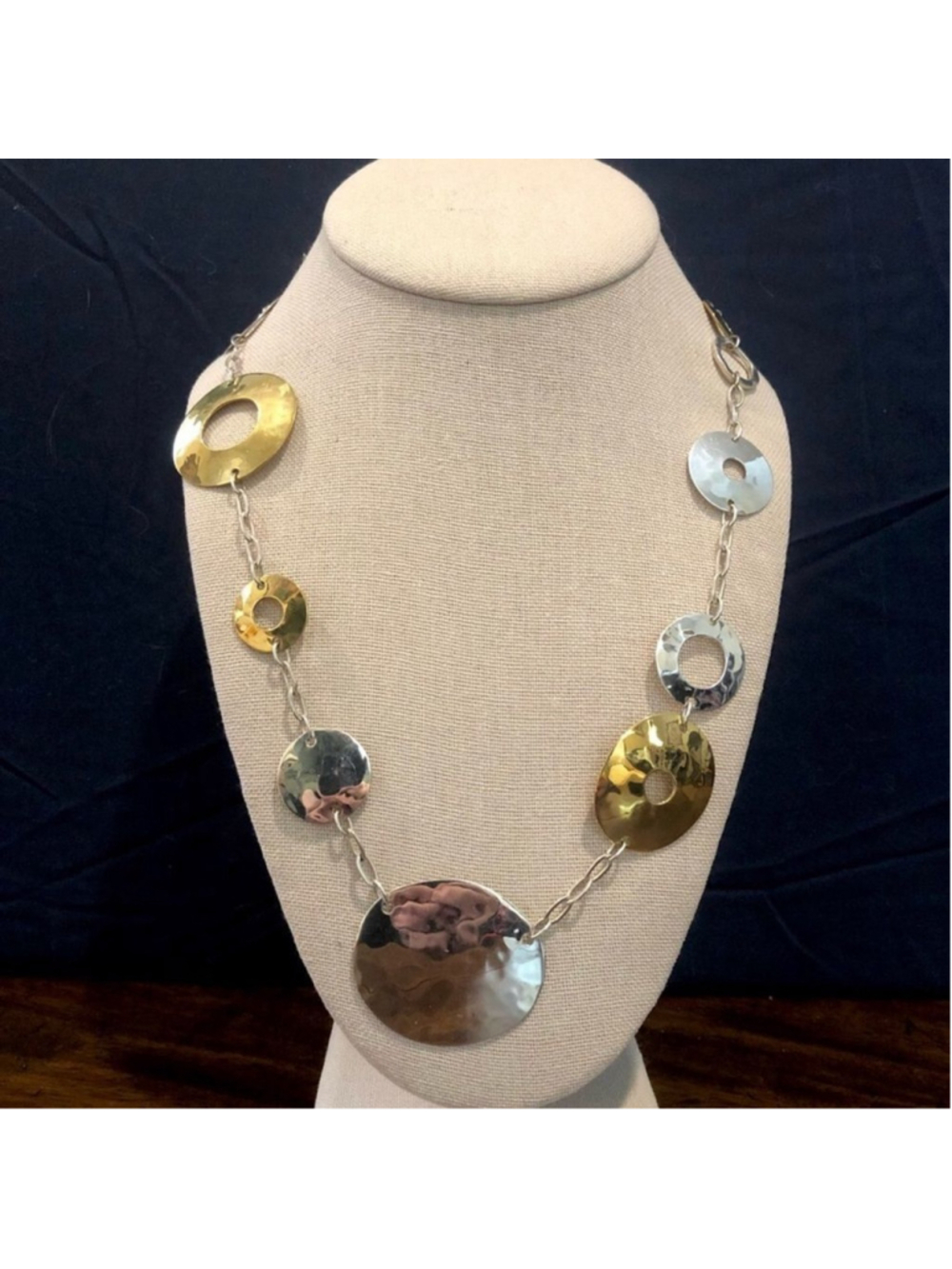 ROBERT LEE MORRIS Two Tone Hammered Sterling Silver Brass Modern Necklace